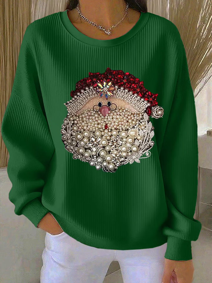 Women's Santa Claus Printed Ribbed Round Neck Sweatshirt