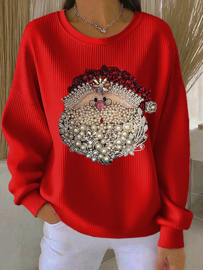 Women's Santa Claus Printed Ribbed Round Neck Sweatshirt