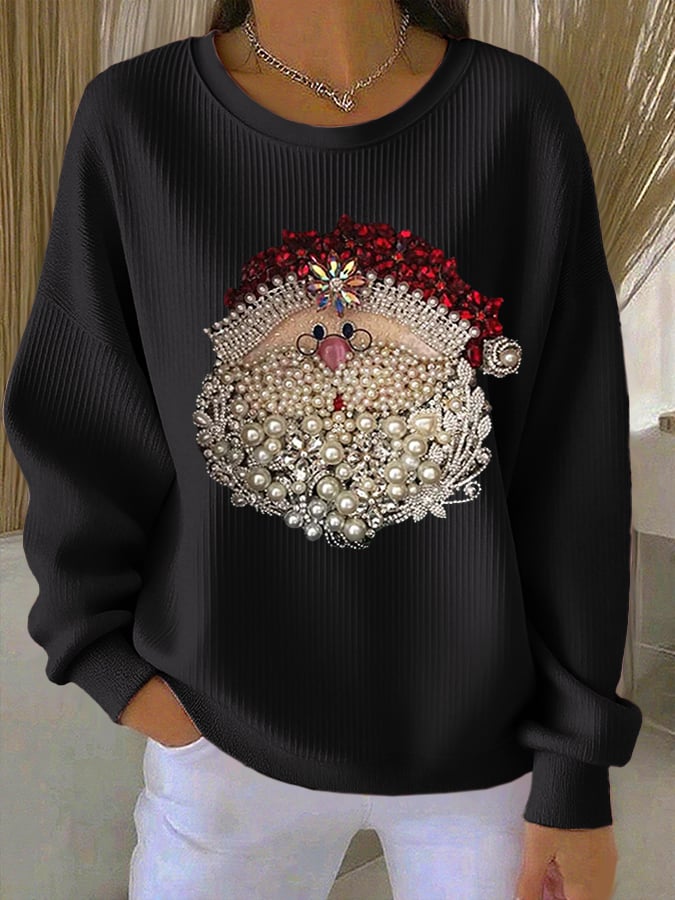 Women's Santa Claus Printed Ribbed Round Neck Sweatshirt