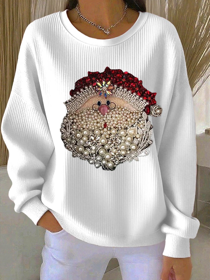 Women's Santa Claus Printed Ribbed Round Neck Sweatshirt