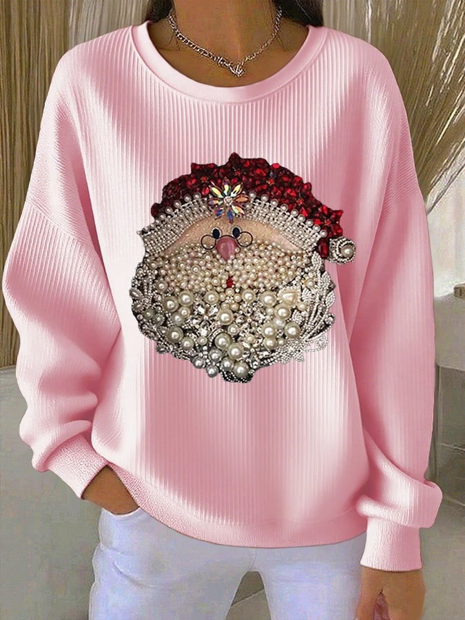Women's Santa Claus Printed Ribbed Round Neck Sweatshirt