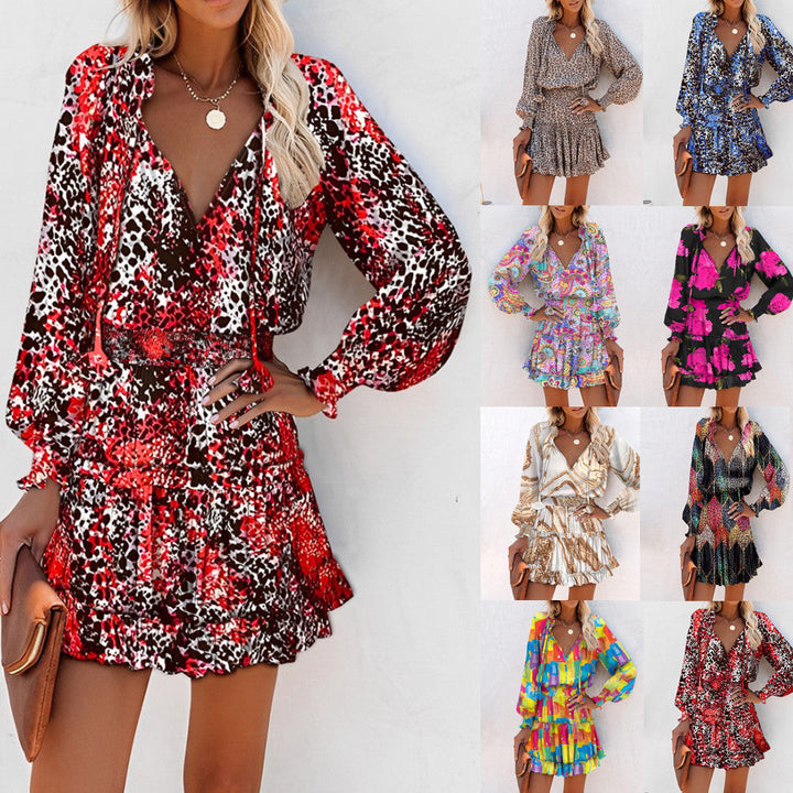 Effortlessly Chic V-Neck Floral Print Smocked Waist Tiered Ruffle Hem Accent Dress