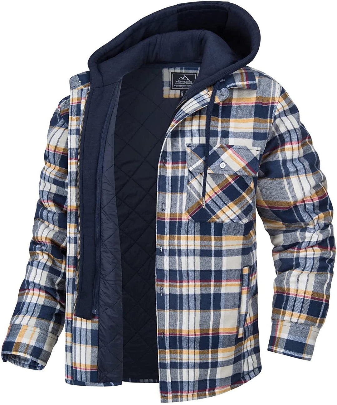 Men's Hooded Checkered Winter Jacket with Buttons