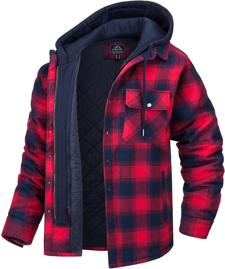 Men's Hooded Checkered Winter Jacket with Buttons