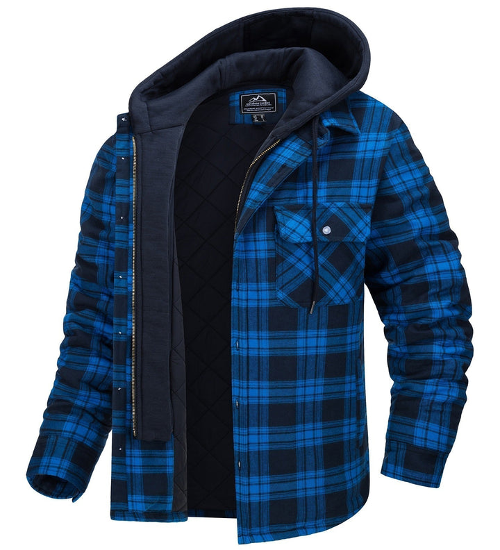 Men's Hooded Checkered Winter Jacket with Buttons