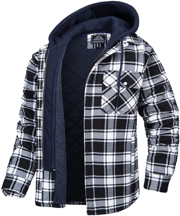 Men's Hooded Checkered Winter Jacket with Buttons