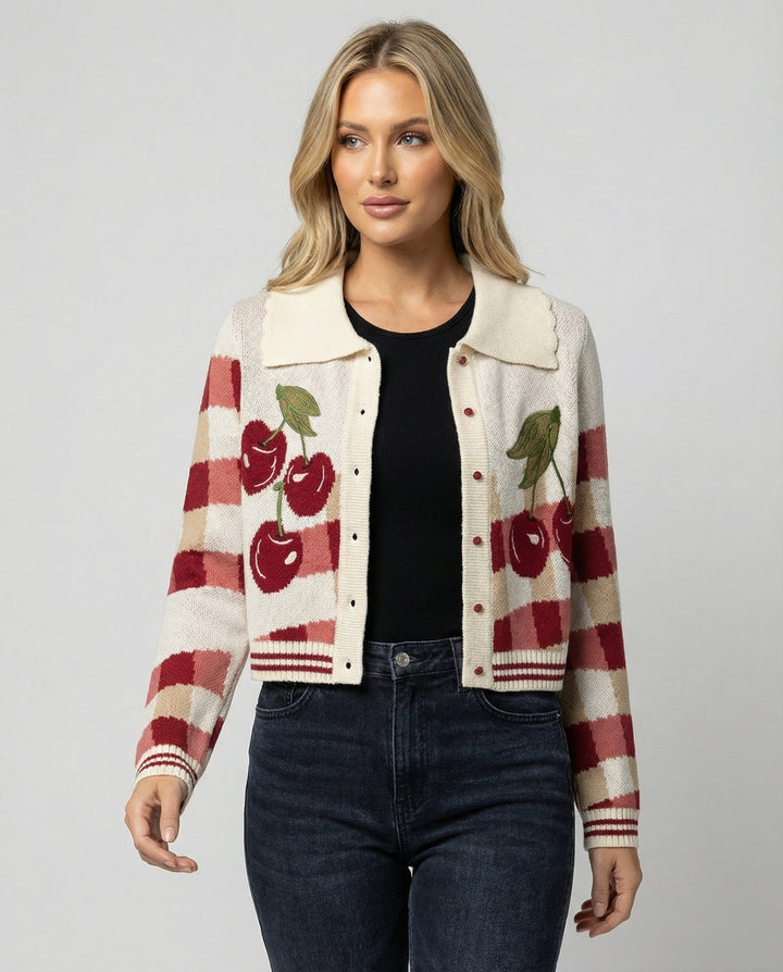 Ladies Short Knitted Cardigan with Cherry Blossom Floral Pattern