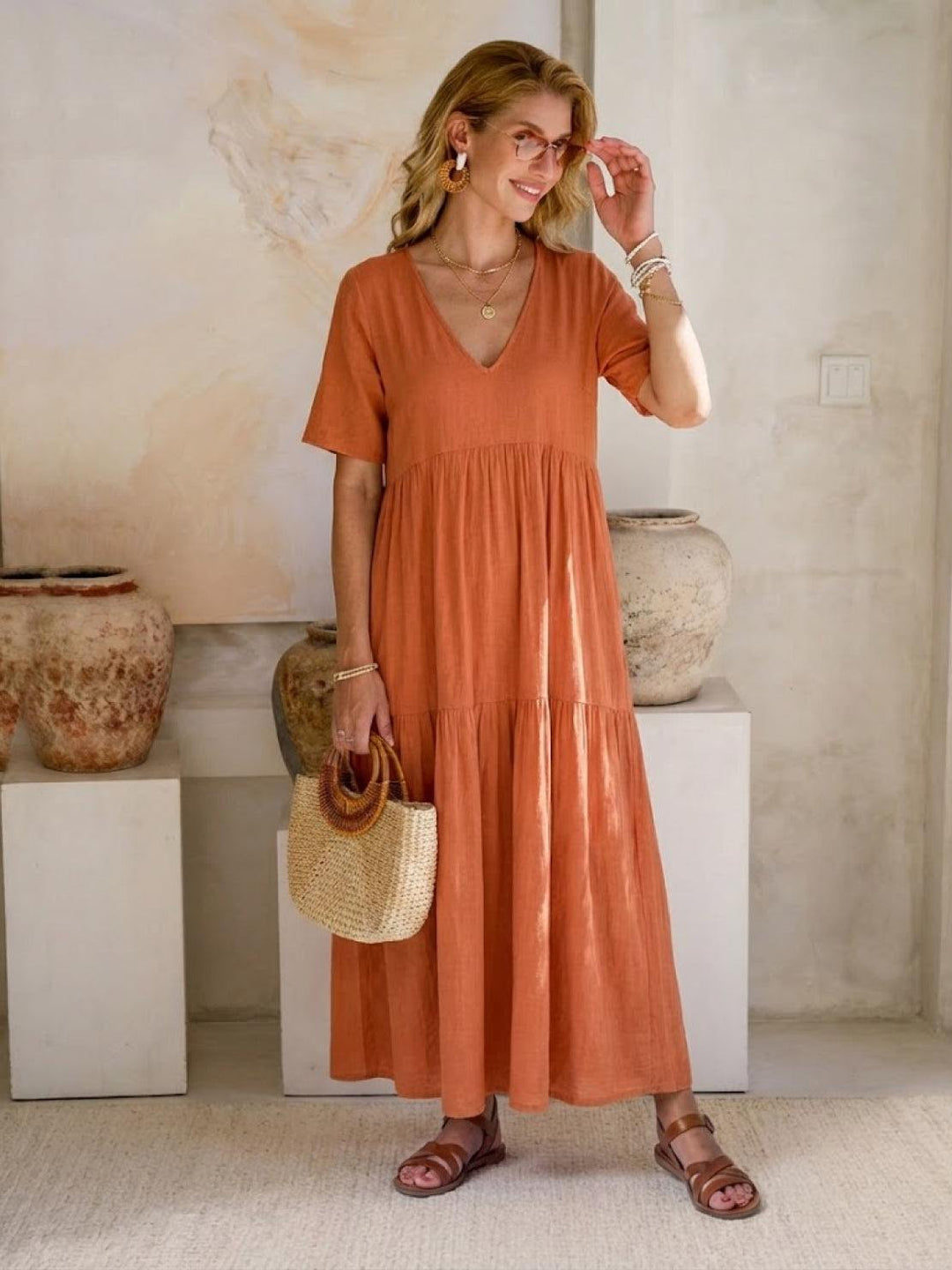 Bohemian Inspired V-Neck Silk Blend Flowing Sun Kissed Terracotta All Day Maxi Dress