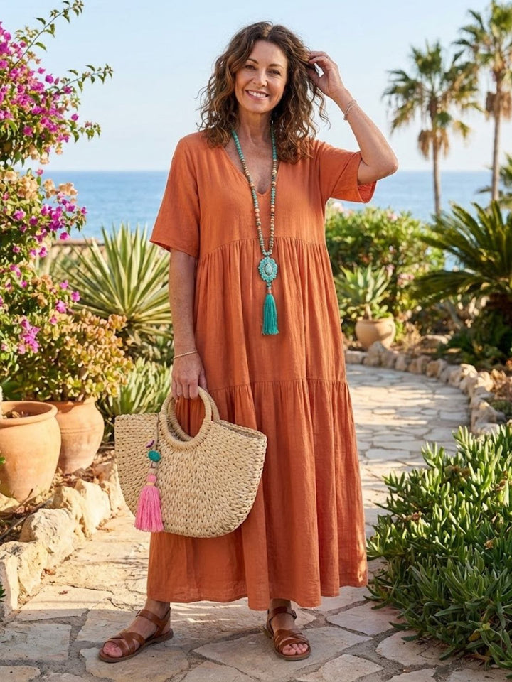 Bohemian Inspired V-Neck Silk Blend Flowing Sun Kissed Terracotta All Day Maxi Dress