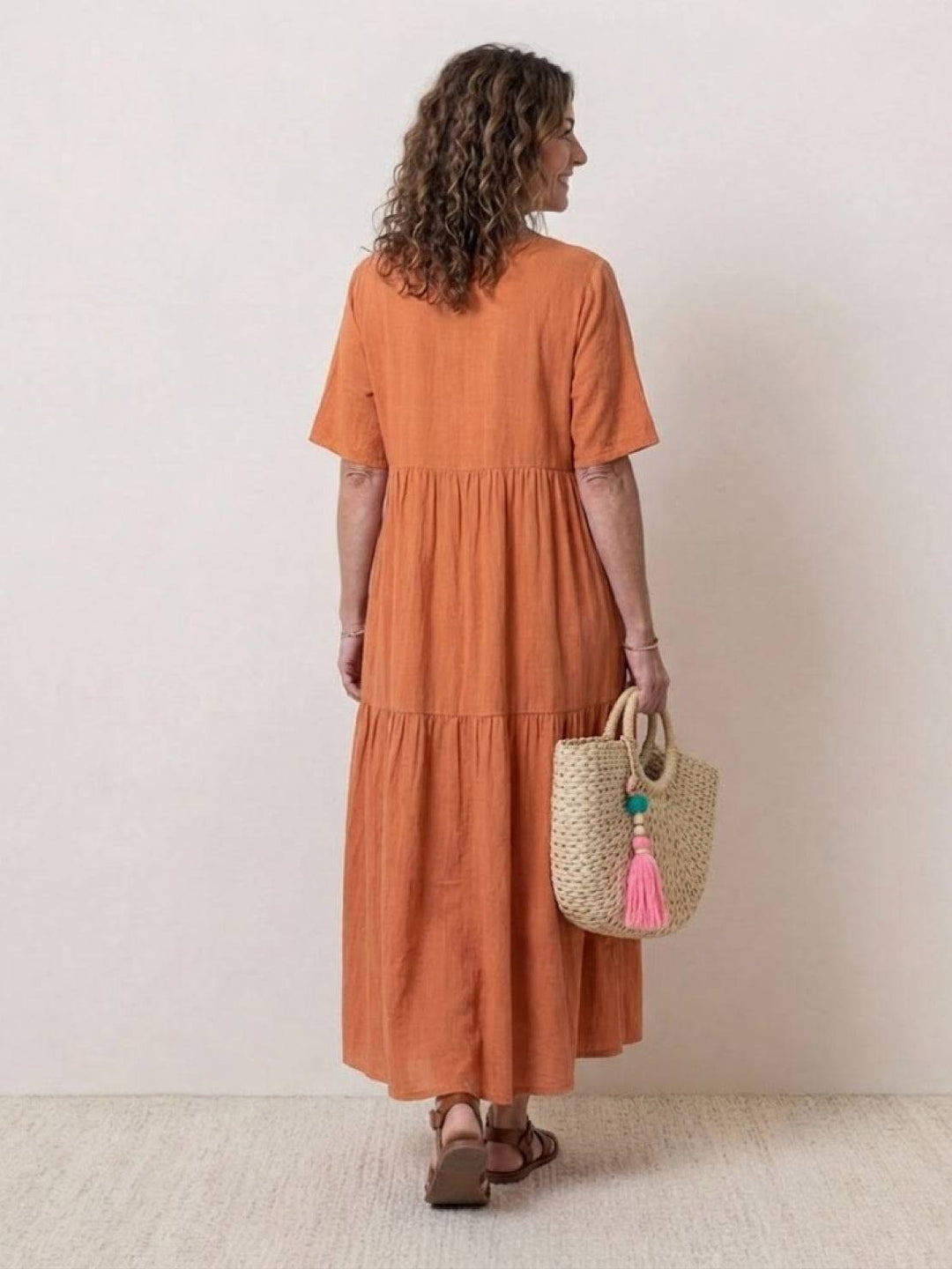 Bohemian Inspired V-Neck Silk Blend Flowing Sun Kissed Terracotta All Day Maxi Dress