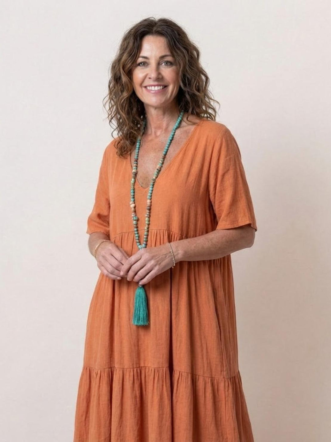 Bohemian Inspired V-Neck Silk Blend Flowing Sun Kissed Terracotta All Day Maxi Dress