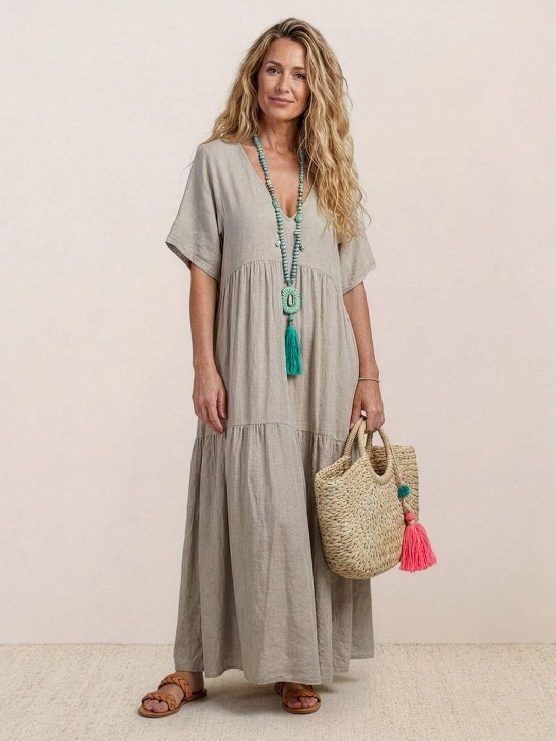 Bohemian Inspired V-Neck Silk Blend Flowing Sun Kissed Terracotta All Day Maxi Dress