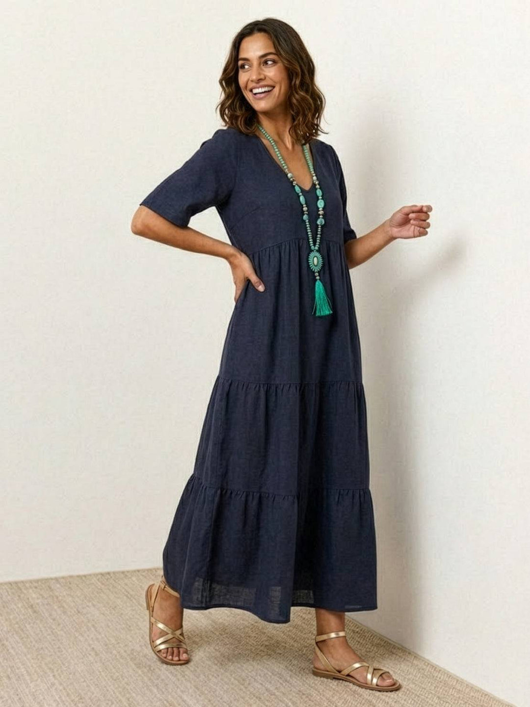 Bohemian Inspired V-Neck Silk Blend Flowing Sun Kissed Terracotta All Day Maxi Dress