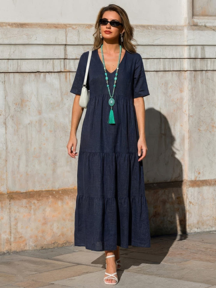 Bohemian Inspired V-Neck Silk Blend Flowing Sun Kissed Terracotta All Day Maxi Dress