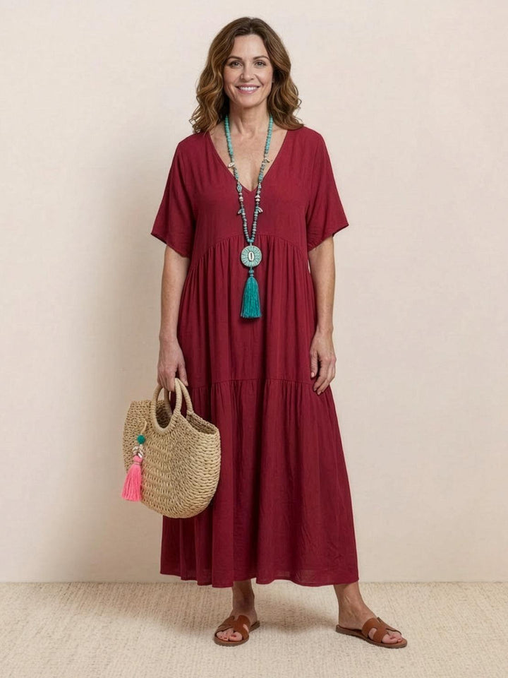 Bohemian Inspired V-Neck Silk Blend Flowing Sun Kissed Terracotta All Day Maxi Dress