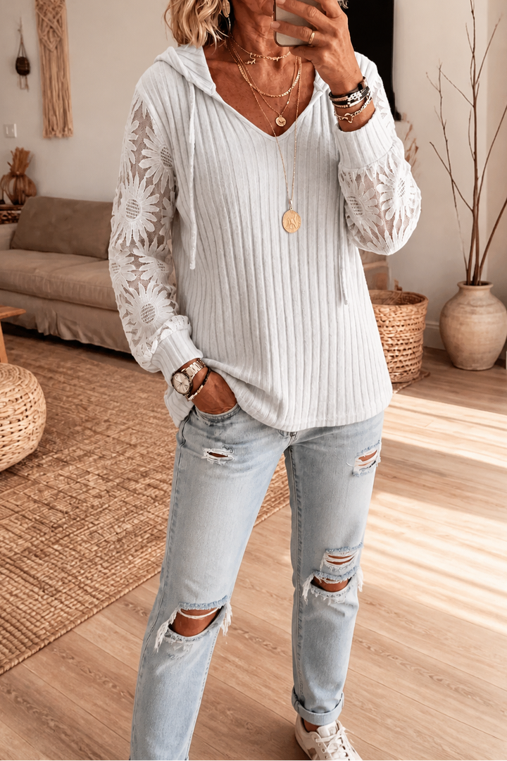 Lunetta – Lace Sleeve Ribbed Hoodie Cardigan