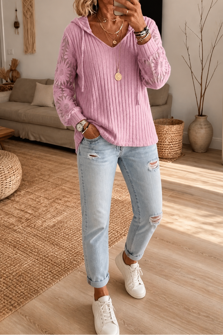 Lunetta – Lace Sleeve Ribbed Hoodie Cardigan