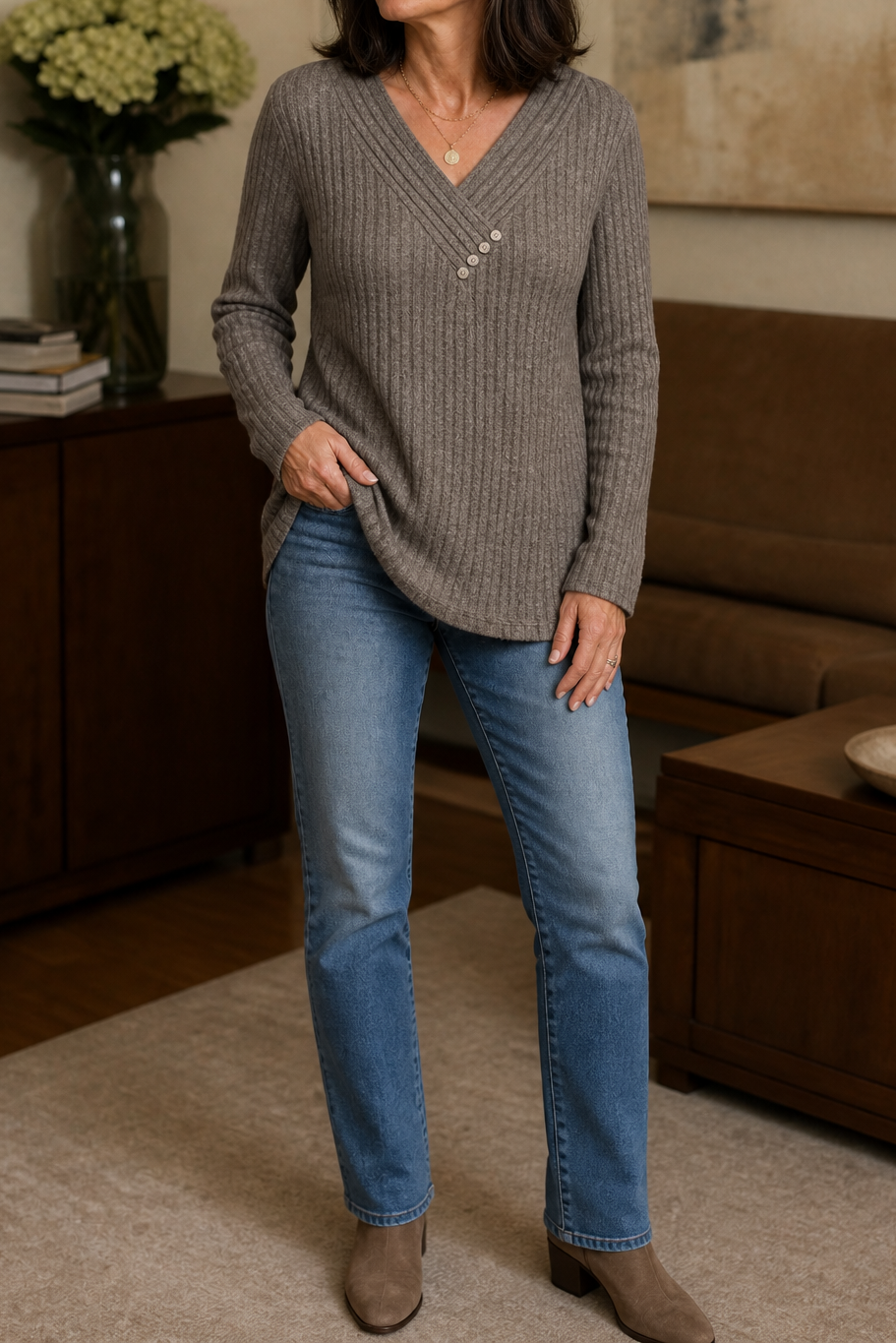 Marlowe & Rib – Ribbed V-Neck Sweater with Buttons