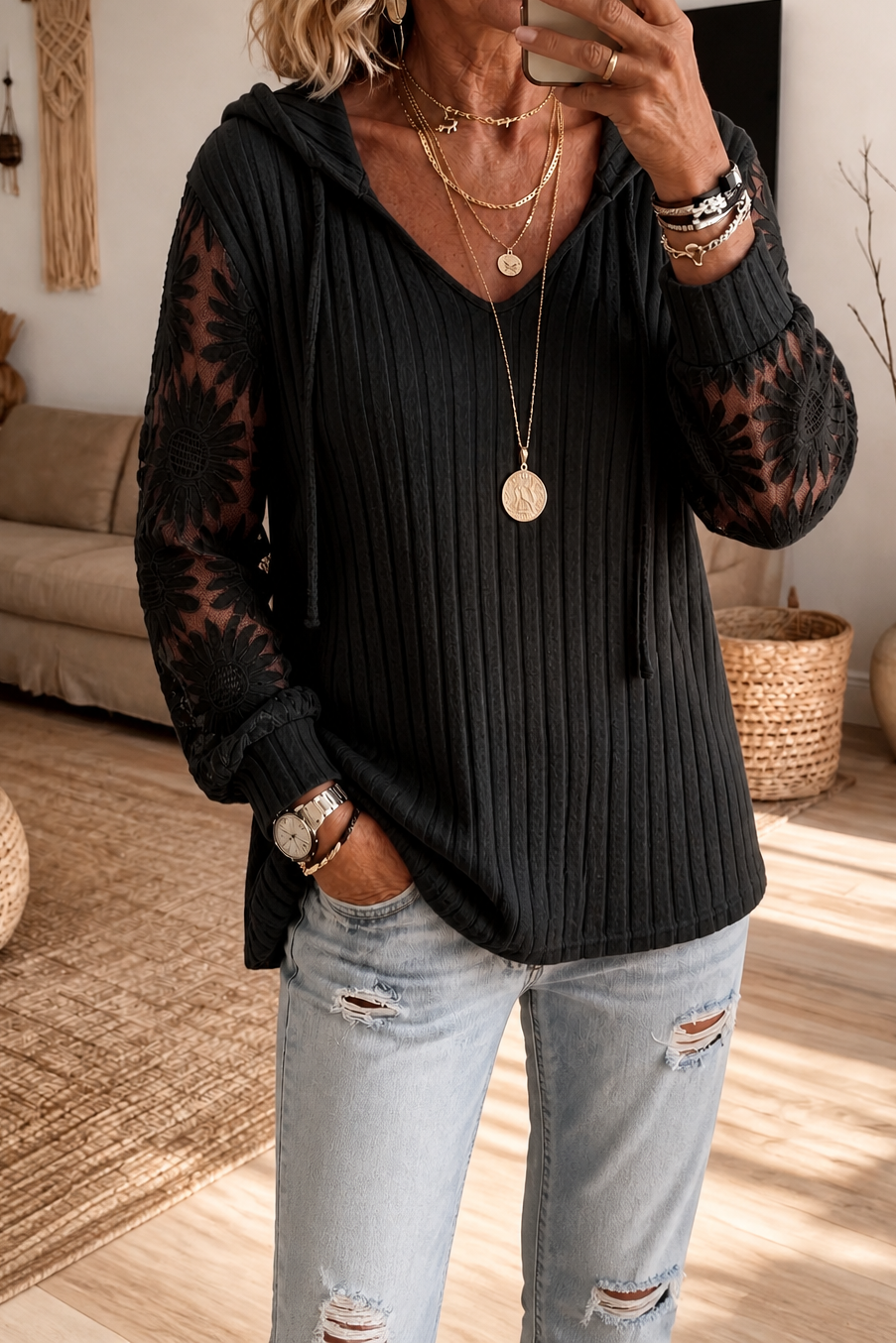 Lunetta – Lace Sleeve Ribbed Hoodie Cardigan
