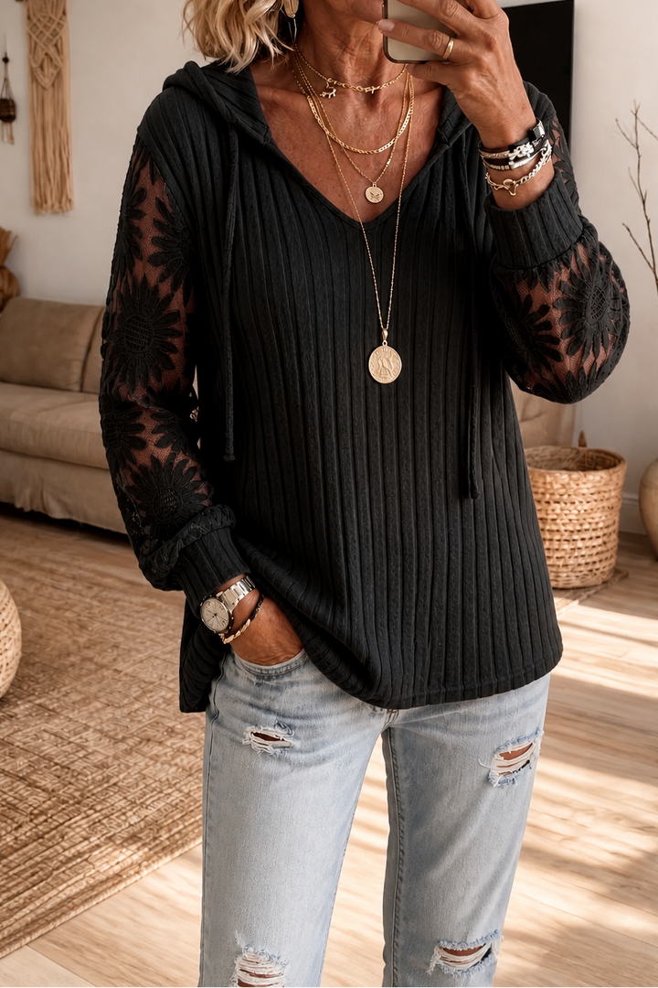 Lunetta – Lace Sleeve Ribbed Hoodie Cardigan