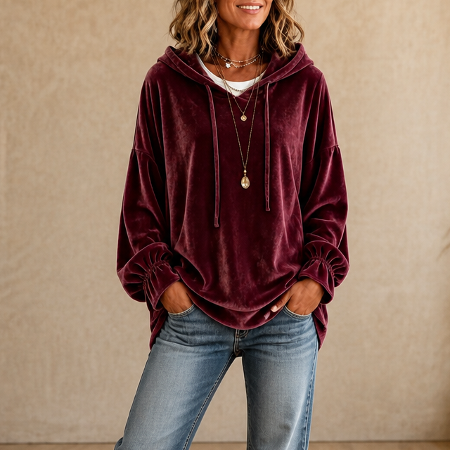 Wearbella – Ruffled Cuff Velour Relaxed Hoodie