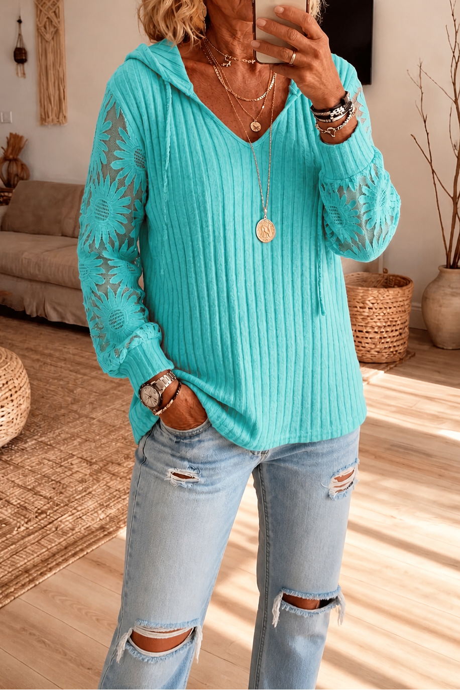 Lunetta – Lace Sleeve Ribbed Hoodie Cardigan
