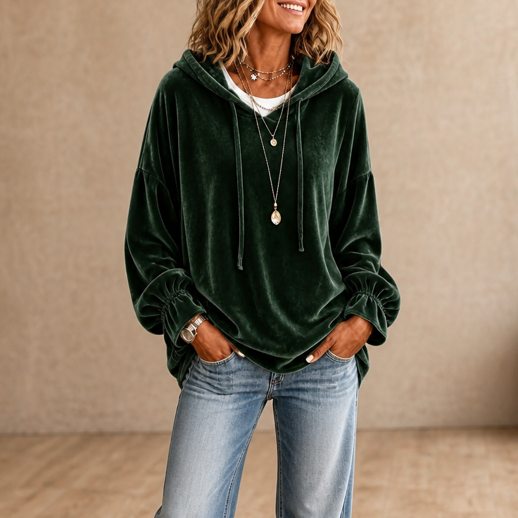 Wearbella – Ruffled Cuff Velour Relaxed Hoodie