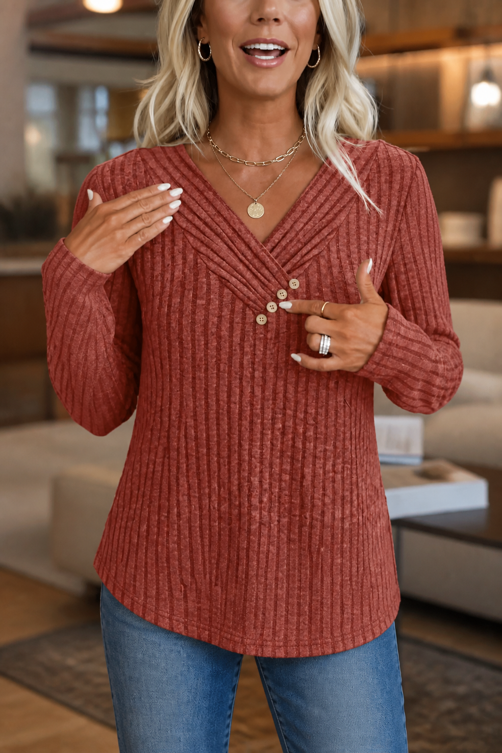 Marlowe & Rib – Ribbed V-Neck Sweater with Buttons