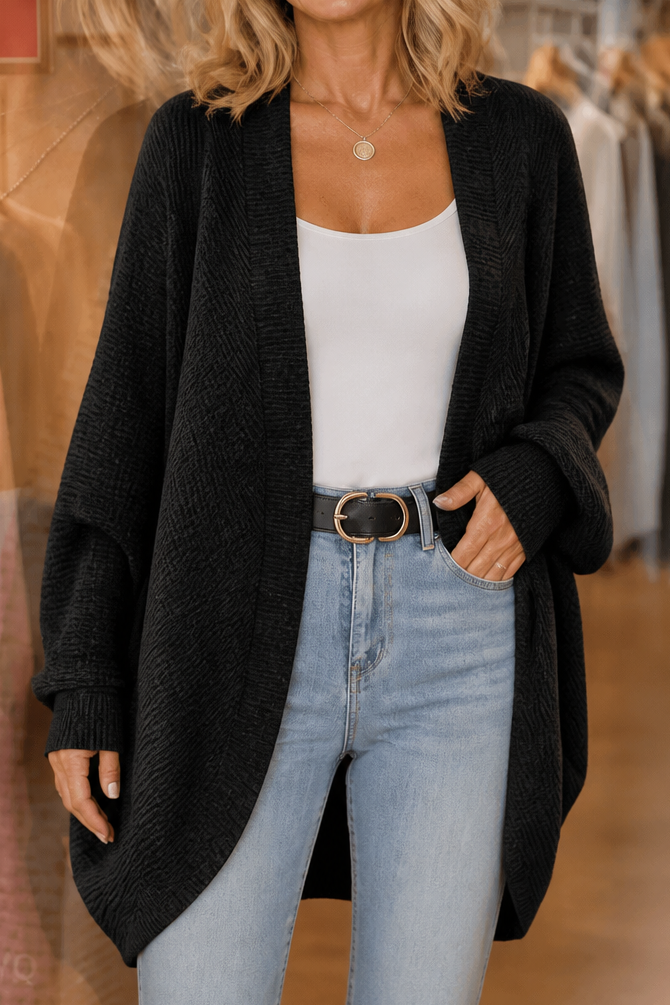 Wearbella – Batwing Sleeve Open-Front Knitted Cardigan