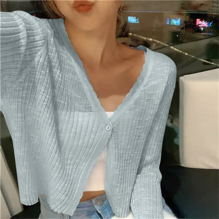 Ladies Lightweight Ribbed Knit Button-Up Cardigan Sweater
