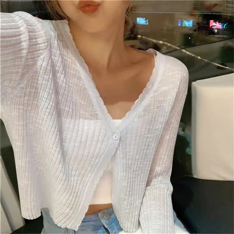 Ladies Lightweight Ribbed Knit Button-Up Cardigan Sweater