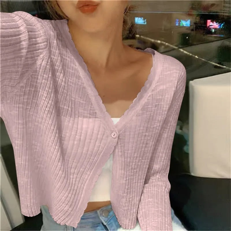 Ladies Lightweight Ribbed Knit Button-Up Cardigan Sweater