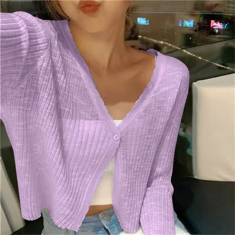 Ladies Lightweight Ribbed Knit Button-Up Cardigan Sweater