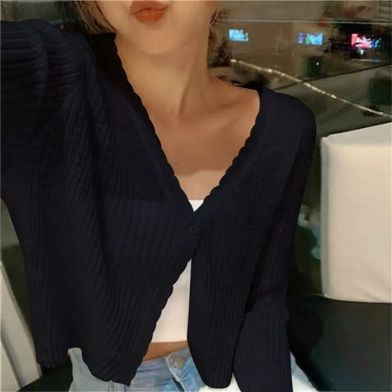 Ladies Lightweight Ribbed Knit Button-Up Cardigan Sweater