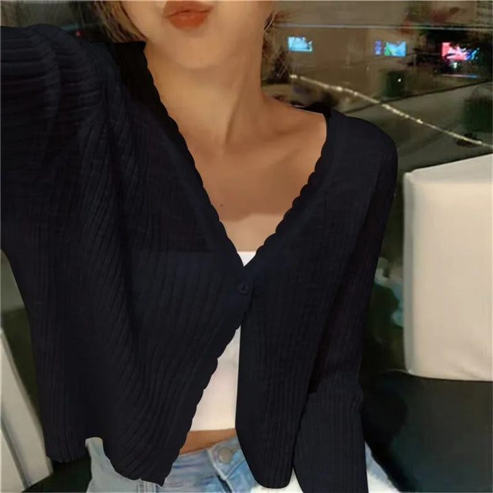 Ladies Lightweight Ribbed Knit Button-Up Cardigan Sweater