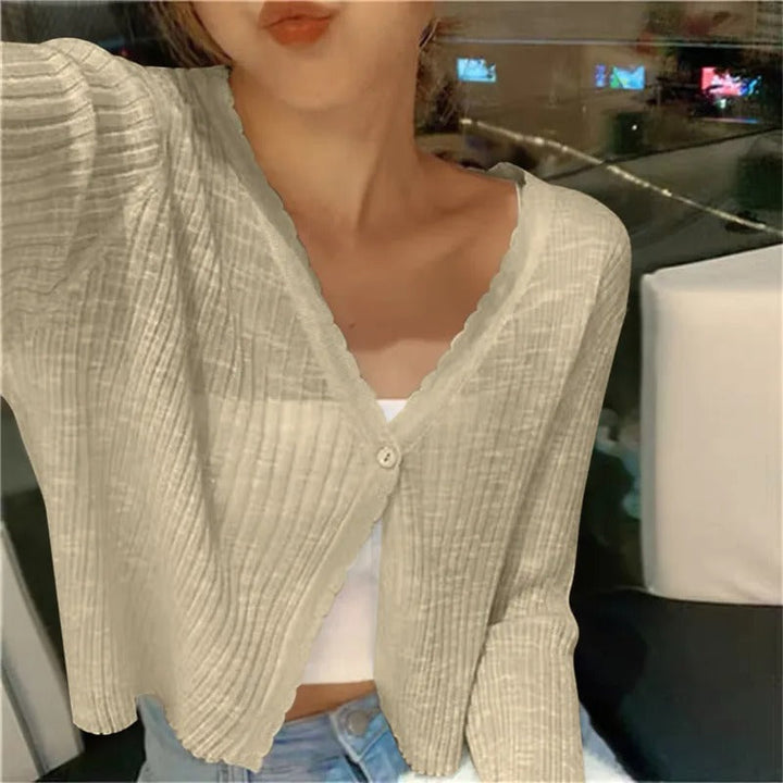 Ladies Lightweight Ribbed Knit Button-Up Cardigan Sweater
