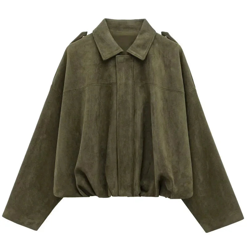 Ladies Oversized Faux Suede Bomber Jacket with Relaxed Streetwear Fit