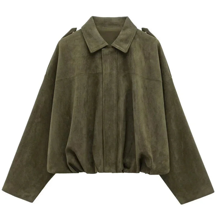 Ladies Oversized Faux Suede Bomber Jacket with Relaxed Streetwear Fit