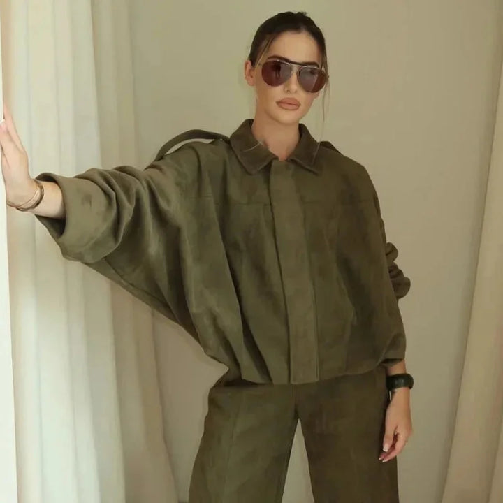 Ladies Oversized Faux Suede Bomber Jacket with Relaxed Streetwear Fit