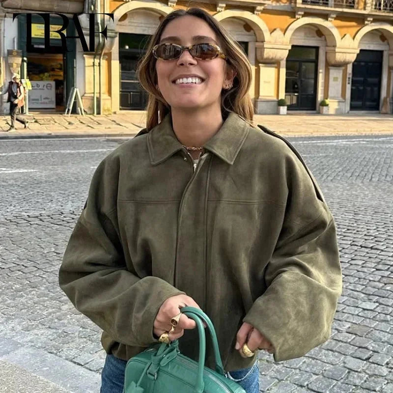 Ladies Oversized Faux Suede Bomber Jacket with Relaxed Streetwear Fit