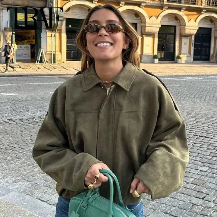 Ladies Oversized Faux Suede Bomber Jacket with Relaxed Streetwear Fit