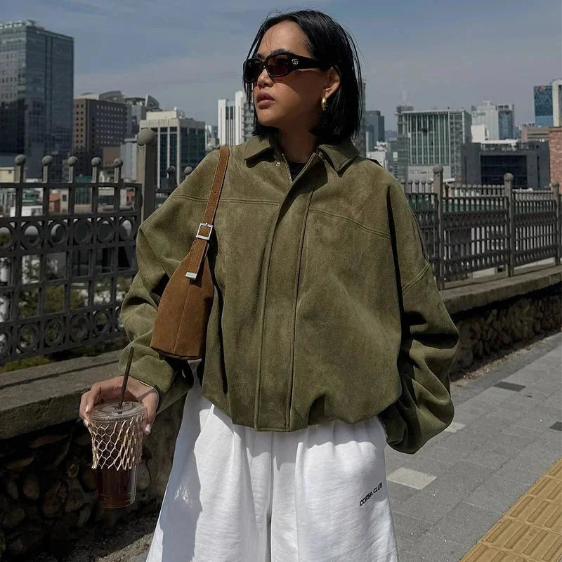 Ladies Oversized Faux Suede Bomber Jacket with Relaxed Streetwear Fit
