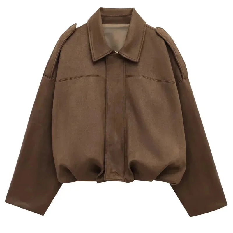Ladies Oversized Faux Suede Bomber Jacket with Relaxed Streetwear Fit
