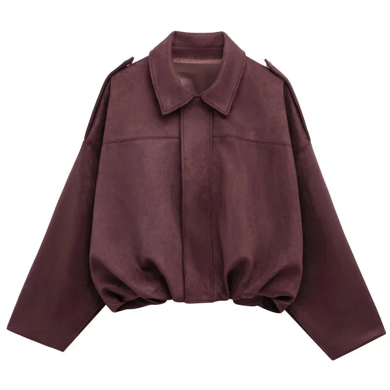 Ladies Oversized Faux Suede Bomber Jacket with Relaxed Streetwear Fit