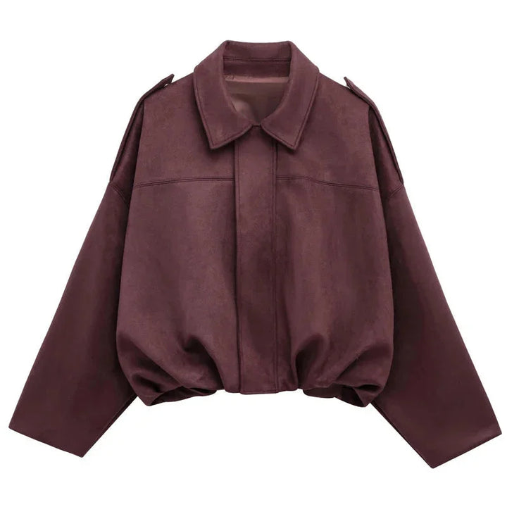 Ladies Oversized Faux Suede Bomber Jacket with Relaxed Streetwear Fit