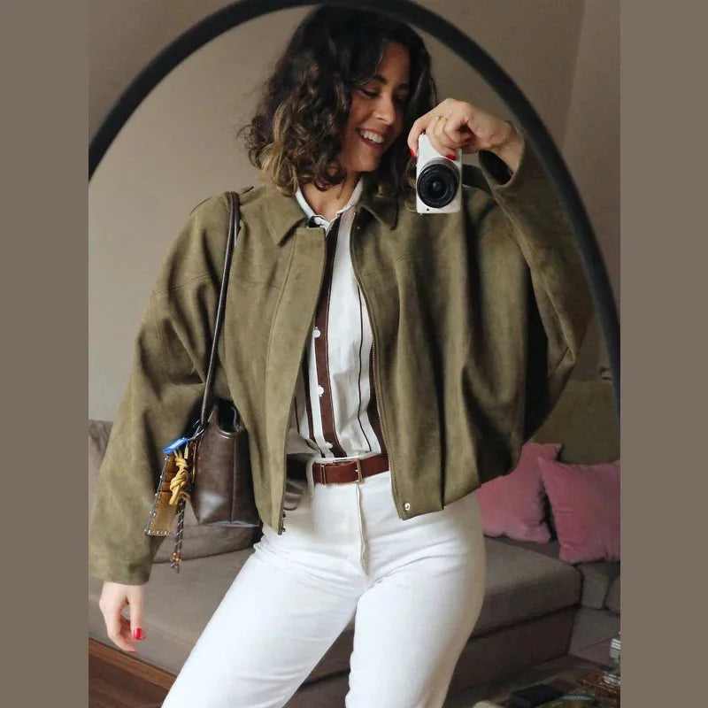 Ladies Oversized Faux Suede Bomber Jacket with Relaxed Streetwear Fit