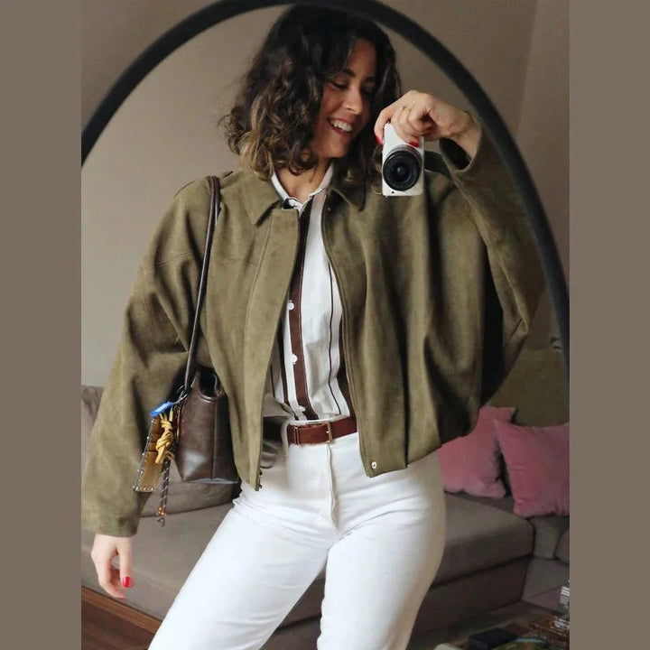Ladies Oversized Faux Suede Bomber Jacket with Relaxed Streetwear Fit