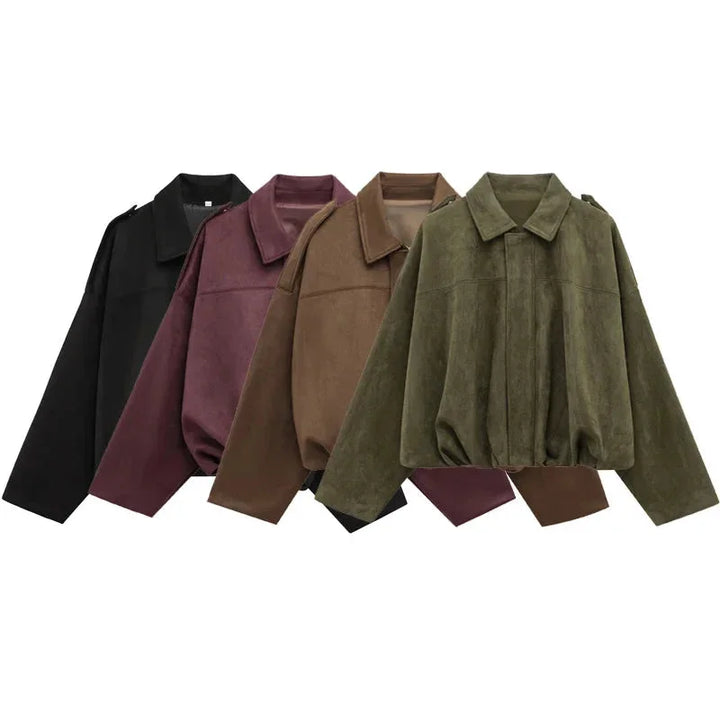 Ladies Oversized Faux Suede Bomber Jacket with Relaxed Streetwear Fit