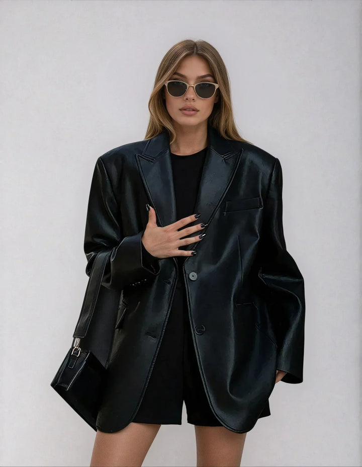 Ladies Oversized Faux Leather Blazer Jacket