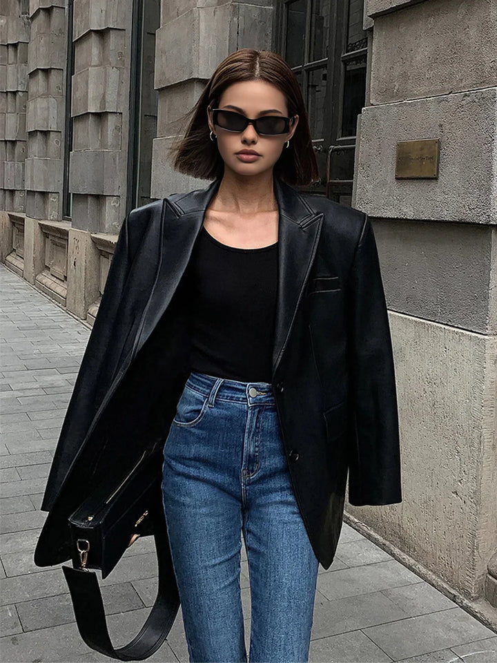Ladies Oversized Faux Leather Blazer Jacket